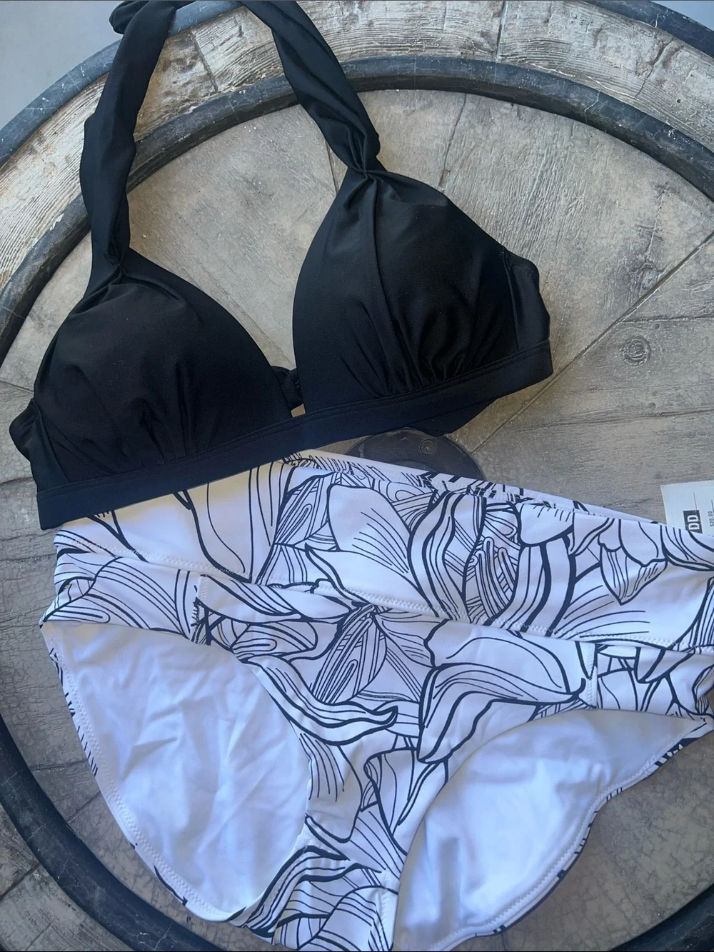 Black Halter Bikini Top with Floral Print Bottoms.  B11
